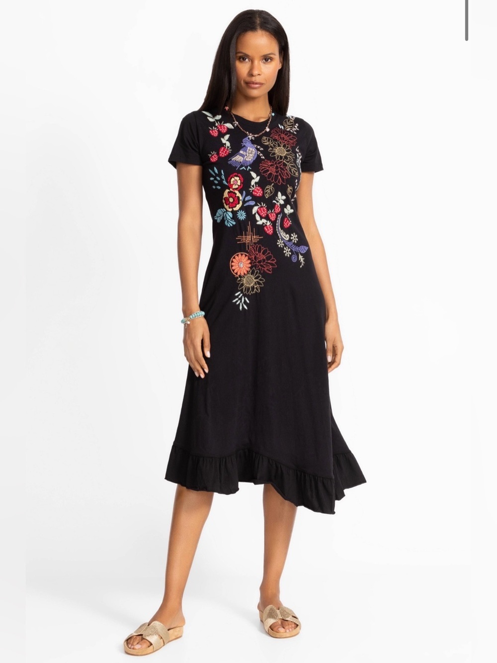 Johnny Was Asymmetric Ruffle Hem Embroidered Midi Dress Black Size Small Boho